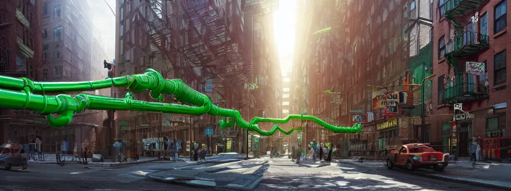 Prompt: realistic new york city street brooklyn, with large 3 d green pipes from super mario scattered on the buildings and on the street, sunny day, concept art on artstation, hyperdetailed, vray render, octane render,