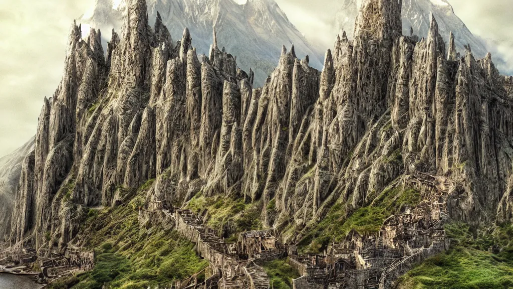 Prompt: beautiful helms deep, by alan lee, intricate, lord of the rings calendar, smooth, detailed terrain, oil painting, high detail, trending artstation, concept art, matte painting