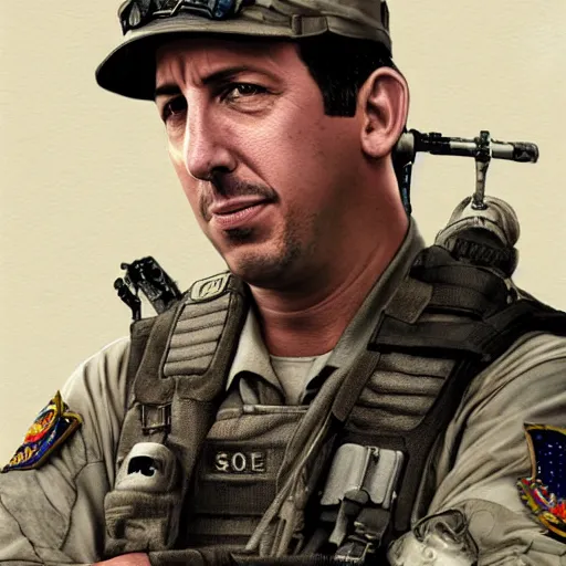 Image similar to Adam Sandler as a navy SEAL, high resolution fantasy concept art, intricate details, soft lighting