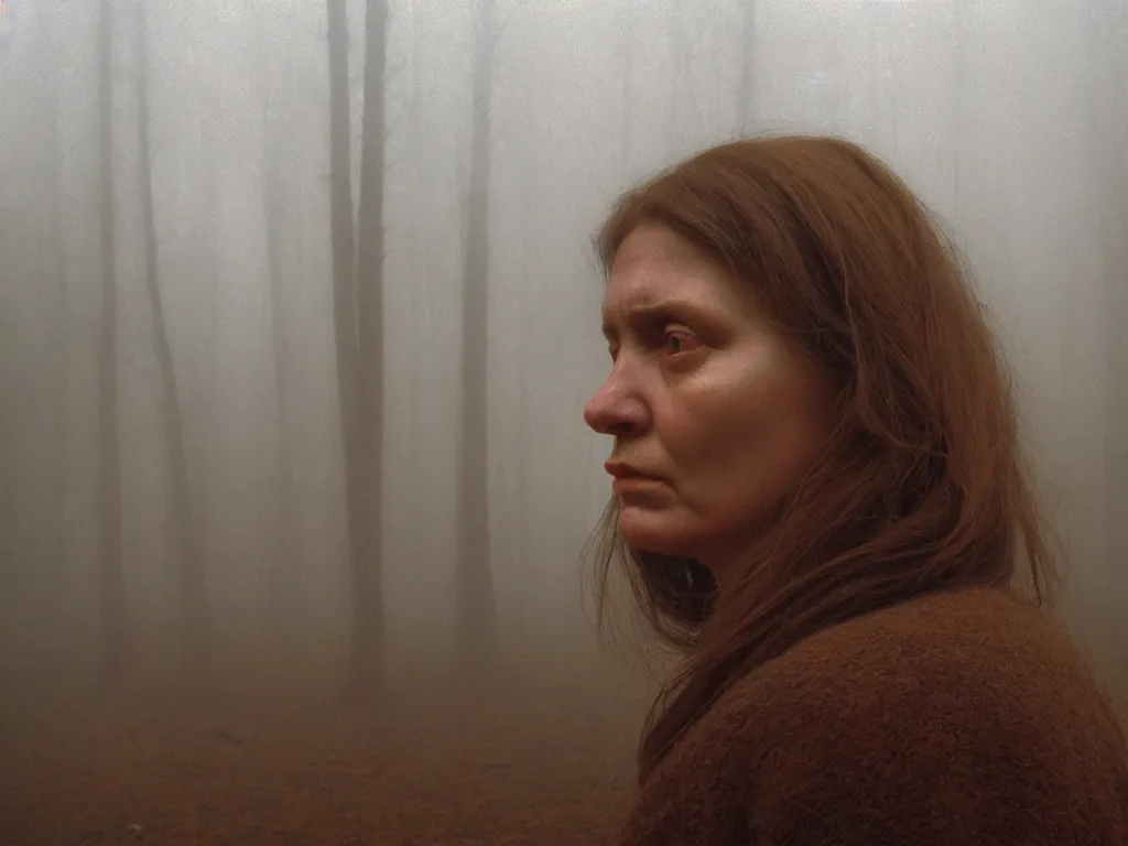 Image similar to close up portrait bust of woman, solemn expression, faded color film, russian cinema, tarkovsky, kodachrome, heavy forest, wood cabin in distance, long brown hair, old clothing, heavy fog, atmospheric haze, brown color palette, sunset, low light, hudson river school, 4 k, dramatic lighting