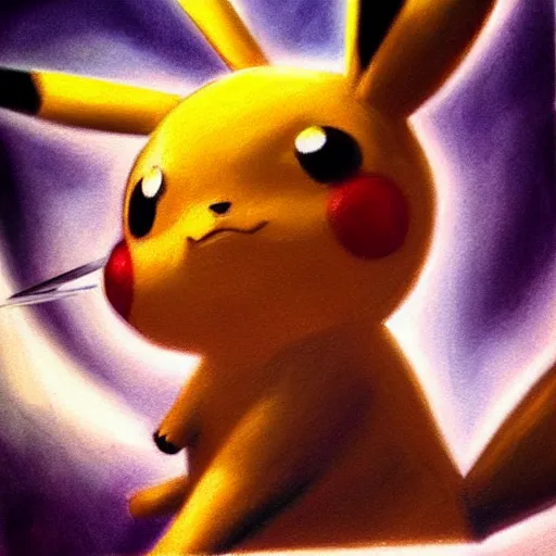 Image similar to pencil art, detailed portrait of pikachu, intricate, hyper detailed, realistic, oil painting, by julie bell, frank frazetta, cinematic lighting