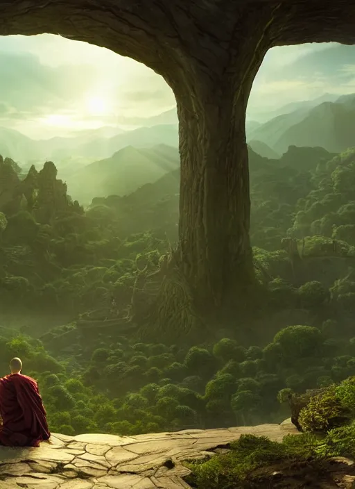 Image similar to a cosmic monk in lord of the rings scenery landscape, looking out at a vast lush valley at sunrise, gigantic temple of alien architecture in the distance, god's rays, highly detailed, vivid color, cinematic lighting, perfect composition, 8 k, gustave dore, derek zabrocki, greg rutkowski, belsinski, octane render