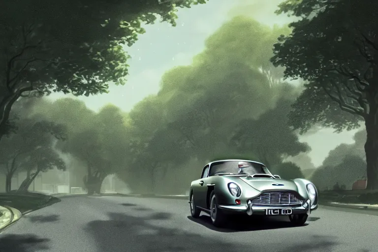 Prompt: a wholesome animation key shot of one focused aston martin db 5, on a residential london street, trees, medium range, studio ghibli, pixar and disney animation, sharp, very detailed, unreal engine 5 render, high resolution, anime key art by greg rutkowski