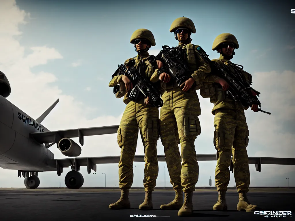 Prompt: soldiers posing in front of an airplane, science fiction industrial hard science concept art, 8K render octane high definition cgsociety, photorealistic, unreal engine