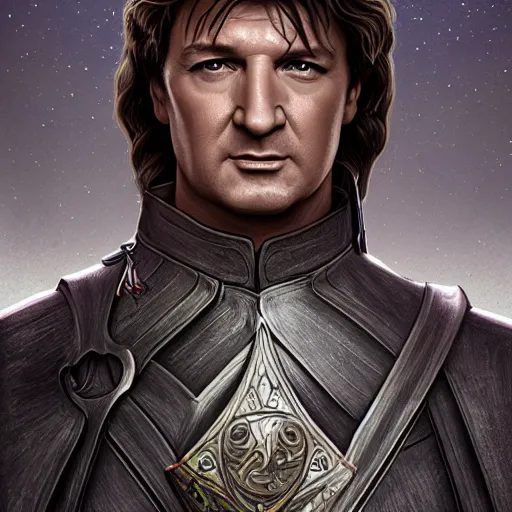Image similar to Nathan Fillion the high king of gondor, intricate, elegant, highly detailed, digital painting, 4k, HDR, concept art, smooth, sharp focus, illustration, art by artgerm and H R Giger and alphonse mucha