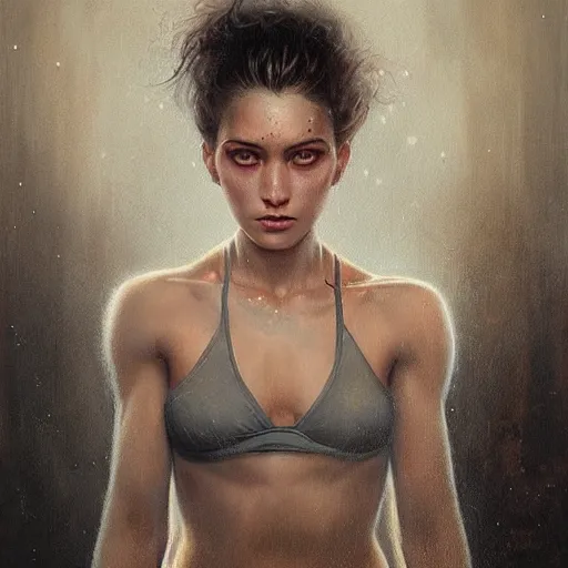 Image similar to painting of a very beautiful girl with muscles lifting weights, very beautiful face, pretty face, very detailed eyes by tom bagshaw, greg rutkowski, wlop