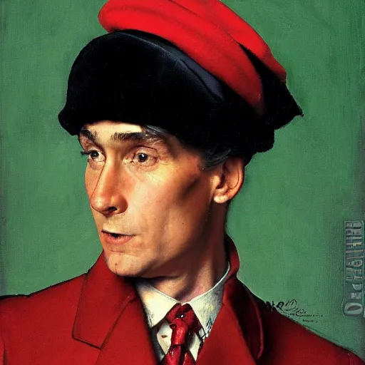 Prompt: frontal portrait of black beret and red coat, by norman rockwell