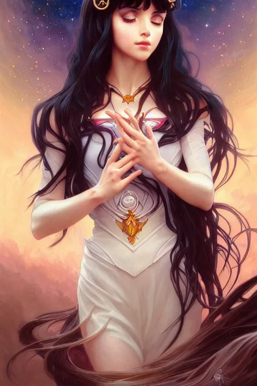 Image similar to a beautiful girl with long dark hair and bangs, sailor moon aesthetic, fantasy, intricate, elegant, highly detailed, digital painting, artstation, concept art, matte, sharp focus, illustration, art by Artgerm and Greg Rutkowski and Alphonse Mucha