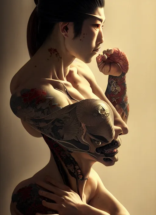 Prompt: Japanese Yakuza cyborg, diffuse lighting, fantasy, intricate, elegant, highly detailed, lifelike, photorealistic, digital painting, artstation, illustration, concept art, smooth, sharp focus, art by John Collier and Albert Aublet and Krenz Cushart and Artem Demura and Alphonse Mucha