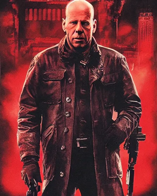 Image similar to bruce willis in 1 2 monkeys, airbrush, drew struzan illustration art, key art, movie poster