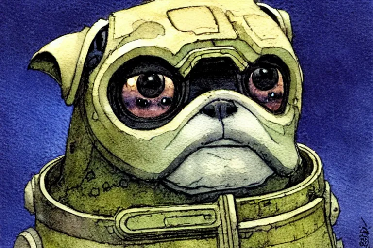 Prompt: a simple and atmospheric watercolour fantasy character concept art portrait of a mechanized android pug as a druidic warrior wizard looking at the camera with an intelligent gaze, very muted colors, by rebecca guay, michael kaluta, charles vess and jean moebius giraud