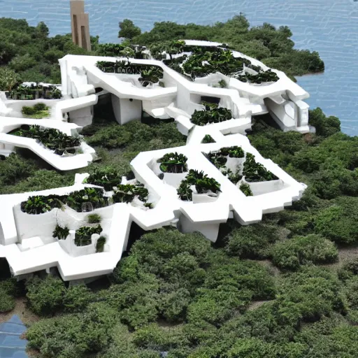 Image similar to white habitat 6 7, ecofuturism lego architect building in the dessert, lush plants and infinite pool