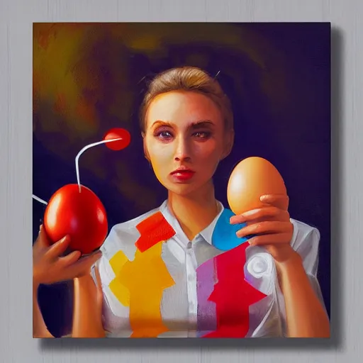 Image similar to portrait of a conundrum, eggs on canvas, condiments trending on artstation