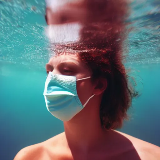 Prompt: photo of woman wearing a face mask underwater cinestill, 800t, 35mm, full-HD