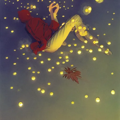 Image similar to several tiny fairies shown as balls of light clustered around the sleeping body of a young boy. By Makoto shinkai. Angus McBride. WLOP. Masterpiece.