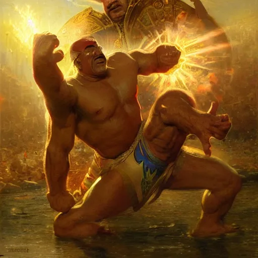 Image similar to the iron sheik breaking hulk hogan's back, radiant light, caustics, heroic, bright iridescent light, by gaston bussiere, bayard wu, greg rutkowski, maxim verehin, epic wrestling combat, legendary