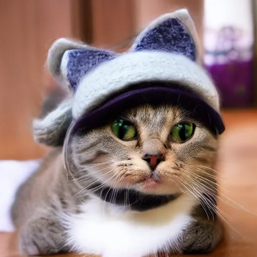 Prompt: cute cat photo wearing wool hat doing mlem cat ears