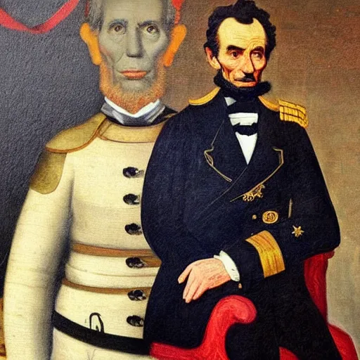 Prompt: “A XVIII century painting of Joe Biden as the commander of the Federation Army, standing beside Lincoln”
