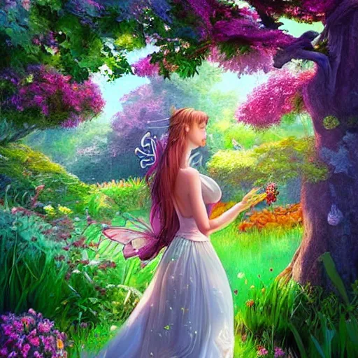 Image similar to a fairy in a beautiful garden at midday, with dappled light streaming through trees, eating onions, digital painting, masterpiece in the style of artgerm and Greg rutowski, amazing colors