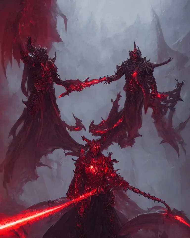 Image similar to portrait of a demonic hell priest holding a staff with red flames, techno - organic armour, black dragon in background, artstation, greg rutkowski, matte painting, 4 k, concept art