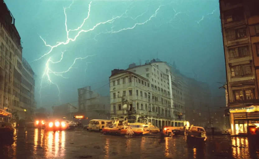 Prompt: 1990s movie still of a yougoslavian street with a large riot with stalinist style highrise, Cinestill 800t 18mm, heavy grainy picture, very detailed, high quality, 4k panoramic, HD criterion, dramatic lightning, streetlight at night, rain, foggy