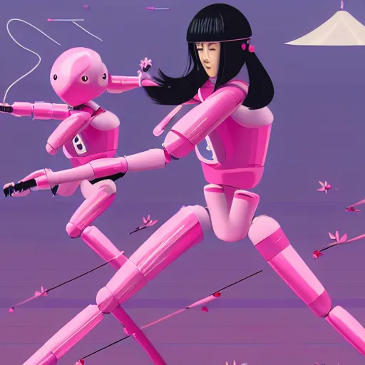 Image similar to a japanese woman battles pink robots, illustrated, detailed, 4 k