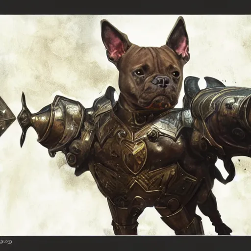 Image similar to Staffordshire bull terrier Dog, battle armour, Anthropomorphized, casting epic spell, magic the gathering artwork, D&D, fantasy, cinematic lighting, centered, symmetrical, highly detailed, digital painting, artstation, concept art, smooth, sharp focus, illustration, volumetric lighting, epic Composition, 8k, art by Akihiko Yoshida and Greg Rutkowski and Craig Mullins, heroic pose, oil painting, cgsociety, magic lab background