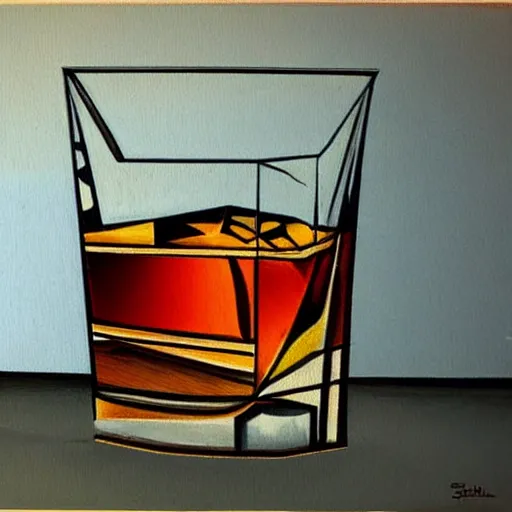 Prompt: a glass of whiskey in the style of cubism