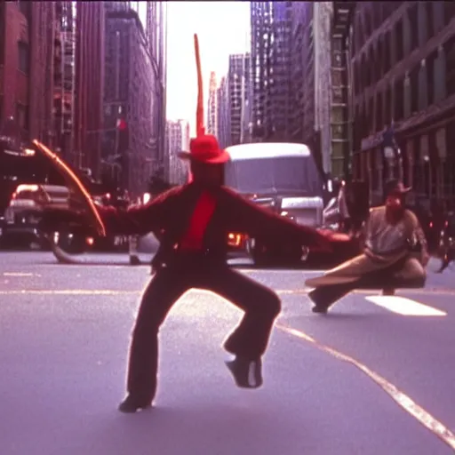 Image similar to film still of the 1995 movie 'Kung-Fu Cowboys of NYC'. Exciting kung-fu action scene. Sigma 85mm f/8