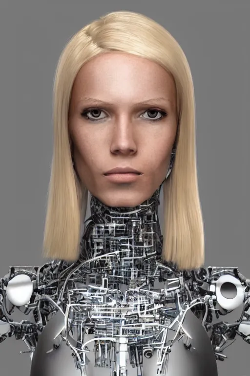 Image similar to robot with human face, female head, full body angle, woman human face, human face realistic, beautiful blonde hair, human head, human head with blonde hair, blonde hair human head, blonde hair, human realistic face, human head skin, cyborg frame concept, cyborg by ales-kotnik, sci-fi android female, the body is made of wires, robotic body, cyborg body, cyborg bust body, robot body cyborg, full body