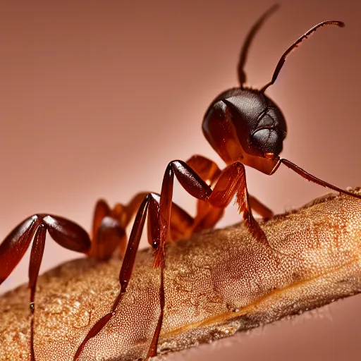 Prompt: Macro shot photo of an ant climbing a banana, studio lighting