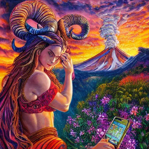 Prompt: acrylic on canvas painting by senior concept artist josephine wall, horned ram goddess checking her cell phone, erupting volcano and sunset in distance, flowers in foreground, trending on artstation, intricately detailed, highly detailed, high resolution, hdr, 8 k