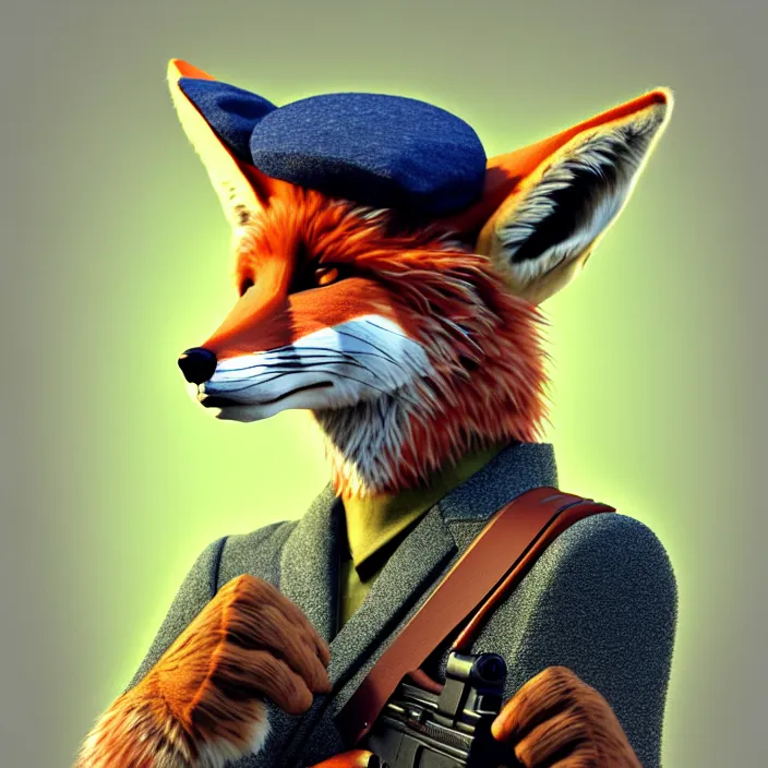 Image similar to hyperrealistic mixed media portrait an anthro fox wearing a beret and pointing a glock at the camera, stunning 3d render inspired art by P. Craig Russell and Barry Windsor-Smith + perfect facial symmetry + dim volumetric lighting, 8k octane beautifully detailed render, post-processing, extremely hyperdetailed, epic composition, grim yet sparkling atmosphere, cinematic lighting + masterpiece, trending on artstation