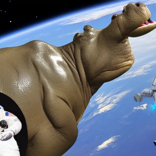 Prompt: an hippopotamus riding a astronaut