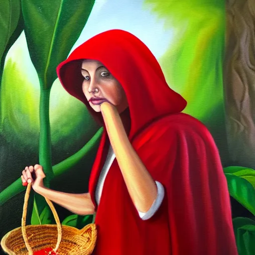 Image similar to oil painting of little red riding hood gazing up at brugmansia suaveolens flowers