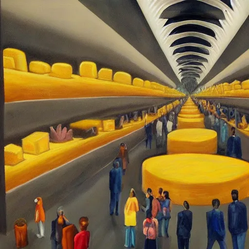 Image similar to crowded underground city where everyone is made of cheese, surrealist painting