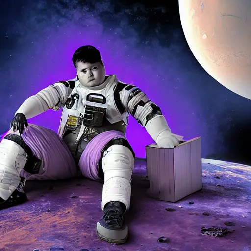 Prompt: portrait of an overweight depressed teenager with emo haircut wearing gothy purple and black spandex suit, sitting next to smashed burning spacecraft wreckage, on the orange surface of mars, highly detailed, dramatic lighting, photorealistic, cinematic