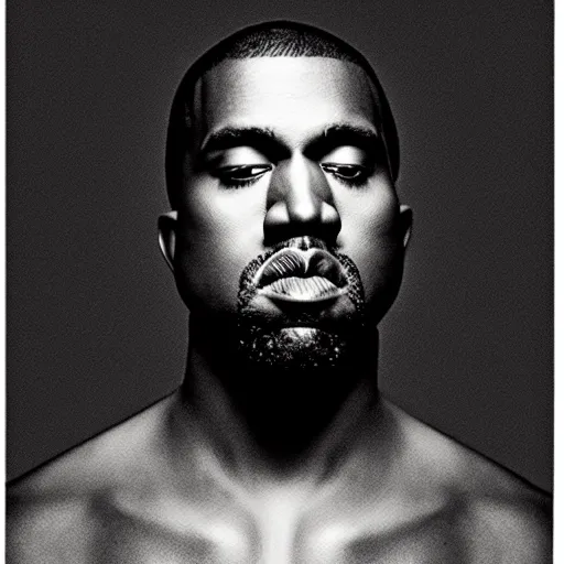 Image similar to a ( ( ( ( ( ( ( ( ( chiaroscuro lighting portrait ) ) ) ) ) ) ) ) ) ) of kanye west ( ( ( ( ( ( ( ( ( dressed as rick owens ) ) ) ) ) ) ) ) ), black background, portrait by julia margaret cameron, shallow depth of field, 8 0 mm, f 1. 8