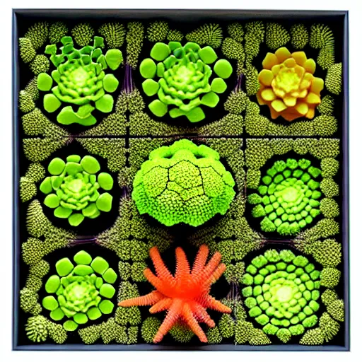 Prompt: composition of nine square boxes with different plants forms, diorama, front view, light mode, led lamps, coral reef, tremella fuciformis, grass, leaves, romanesco broccoli, abstract sculpture