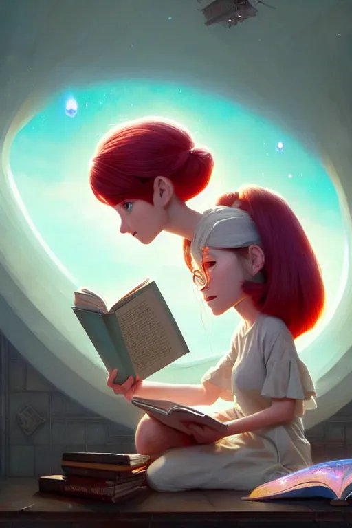 Image similar to highly detailed portrait of beautiful girl reading a book in pixar inside out, dynamic pose, stephen bliss, unreal engine, fantasy art by greg rutkowski, loish, rhads, ferdinand knab, makoto shinkai and lois van baarle, ilya kuvshinov, rossdraws, tom bagshaw, global illumination, radiant light, detailed and intricate environment