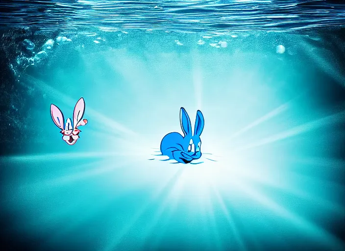 Image similar to under water bugs bunny, water light scattering, underwater photography, high details, 8 k, realistic shot, cinematic lighting