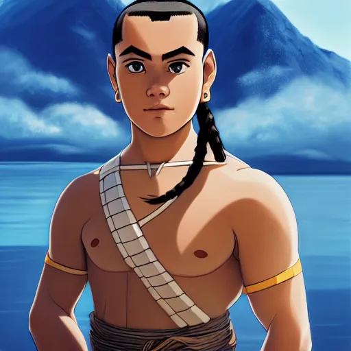 Image similar to beautiful serene intricate portrait of sokka from the water tribe as a young inuit man with light blue eyes, smiling softly, relaxing on the beach, golden hour, soft focus, 8 k, art by irakli nadar, hyperrealism, hyperdetailed, ultra realistic