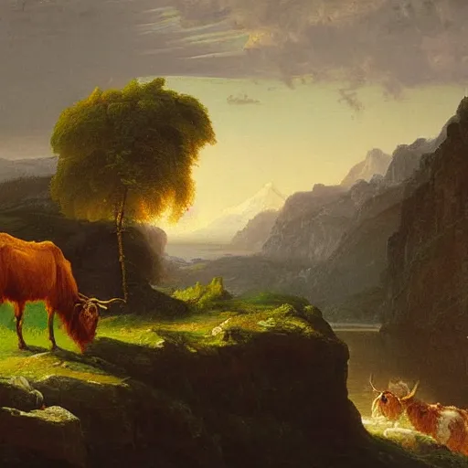 Prompt: oil painting by thomas cole of a highland cow and a llama on a cliff overlooking a river valley at dawn