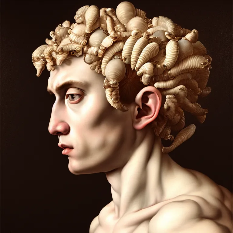 Prompt: young white man standing in a shell, beautiful baroque portrait painting, beautiful detailed intricate insanely detailed octane render trending on Artstation, 8K artistic photography, photorealistic, chiaroscuro, Raphael, Caravaggio, Sandro Botticelli