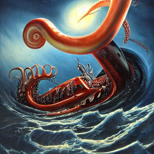 Image similar to full painting of the Nautilus fighting a giant squid in the middle of the ocean during a storm made by Jeff Easley and Peter Elson + realistic animal, + galaxy + gothic, surreal, dread + highly detailed, intricate complexity, epic composition, magical atmosphere + masterpiece, award winning + trending on artstation,