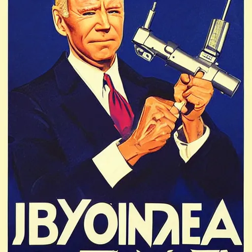 Image similar to propaganda poster of joe biden pointing gun directly at camera in james bond movie, closeup of gun, visible barrel and grip by j. c. leyendecker, bosch, lisa frank, jon mcnaughton, and beksinski