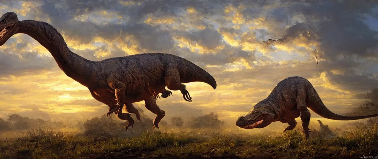 Prompt: oil painting of a dinosaur on canvas, by James gurney, realism, warm lighting, award winning, high detail, professional, volumetric lighting