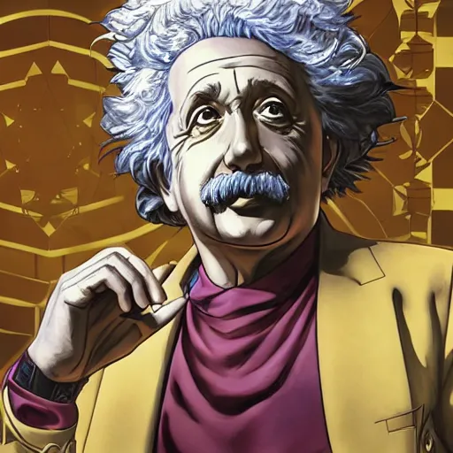 Prompt: Albert Einstein in Jojo\'s Bizarre Adventure, character art, Hirohiko Araki, masterpiece, beautiful, clean lines, dramatic pose, artstation, high detail face, high resolution scan, Hirohiko Araki, Hirohiko Araki, masterpiece