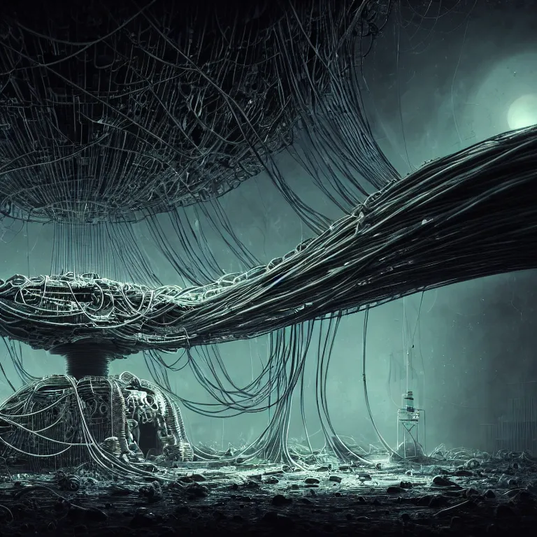 Image similar to ribbed surreal abandoned alien spaceship on exoplanet, covered with wires, cables, neon light tubes, in a desolate empty wasteland, creepy, nightmare, dream-like heavy atmosphere, surreal abandoned buildings, beautiful detailed intricate insanely detailed octane render trending on Artstation, 8K artistic photography, photorealistic, chiaroscuro, Raphael, Caravaggio, Beksinski, Giger