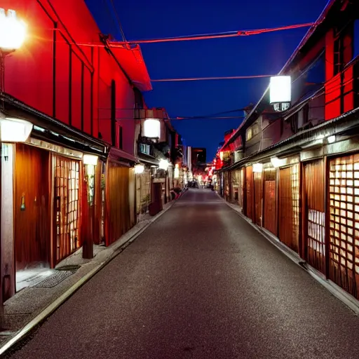 Prompt: photograph of kyoto street at night, bright street lamps, lens flare